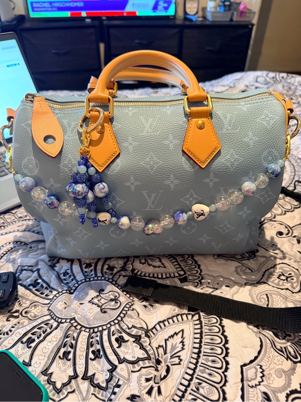 Source Unknown Light Blue Monogram Satchel with Tan Leather Trim